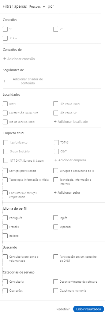 Filtros do Linkedin para Encontrar Pessoas